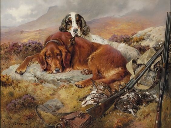Сегодня в рубрике #РКФ_СобакивИскусстве мы расскажем о картине малоизвестного художника, на которой запечатлен момент отдыха охотничьих собак по время привала.