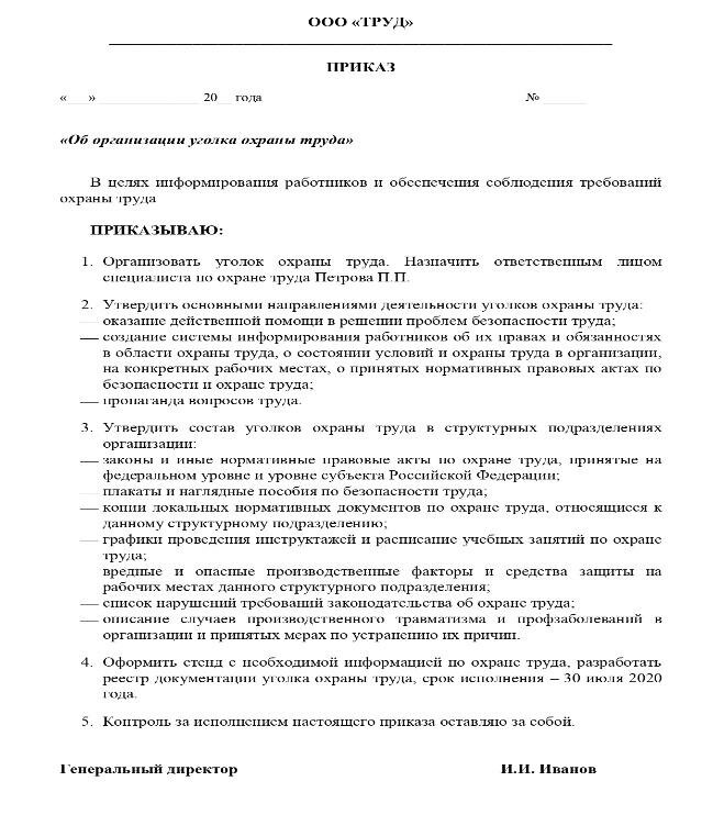 Примерный образец приказа об организации уголка (стенда) по охране труда