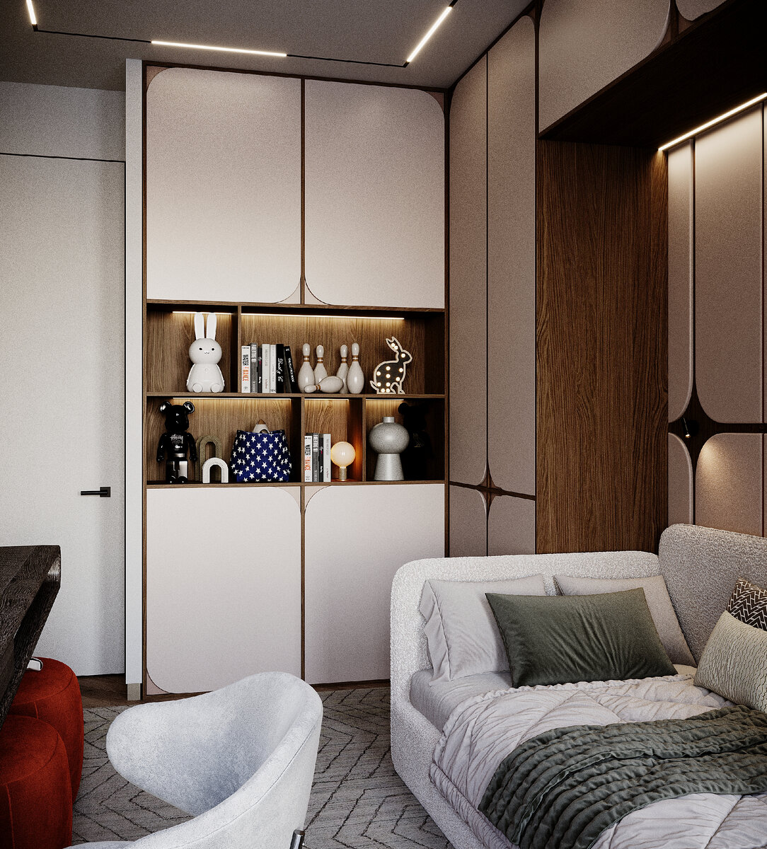 детская в ЖК Зиларт, ракурс на шкафы и зоны хранения