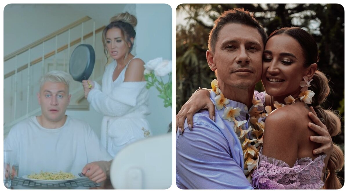 Бузова и Манукян в клипе «Лайкер» (слева) и с Тимуром Батрутдиновым на шоу "План Б" (Справа) фото tv.mail.ru