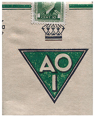 "A. O. I." Италия, 1943 год.  20 сигарет в бумажной пачке. Производитель: "Monopoli di Stato", Италия. Владелец товарного знака - монополия Италии.