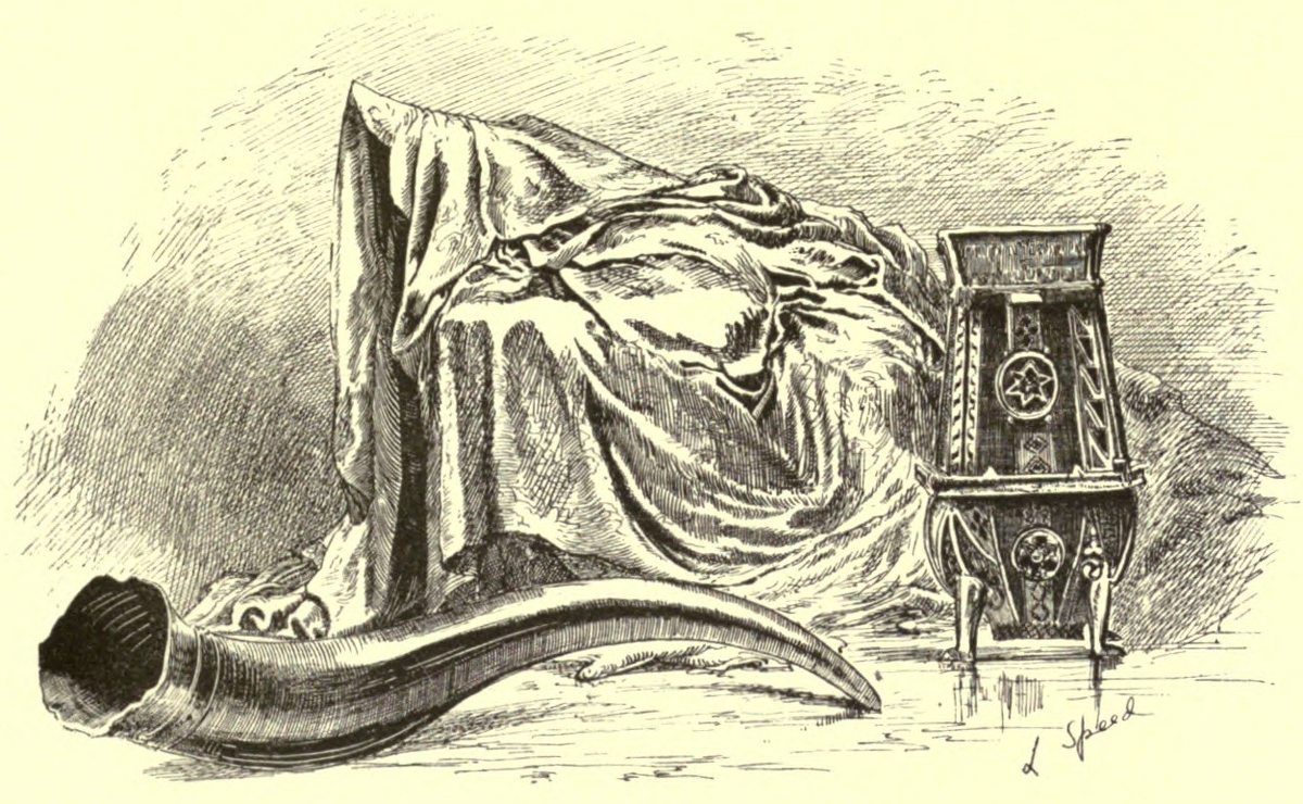 гравюра 19 века с изображением флага Фей, рога Рори Мора и Кубка Данвегана из замка
