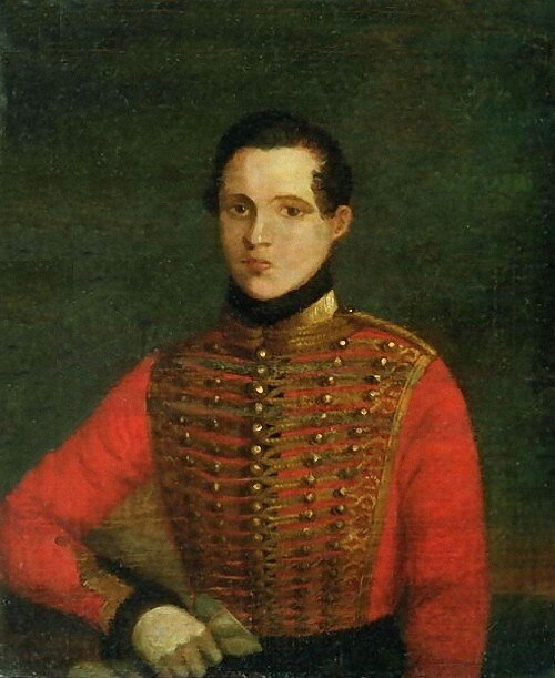 Лермонтов юнкер лейб-гвардии Гусарского полка. А. Челышев. 1830-е гг. Источник: http://lermontov-lit.ru/lermontov/family/portret.htm