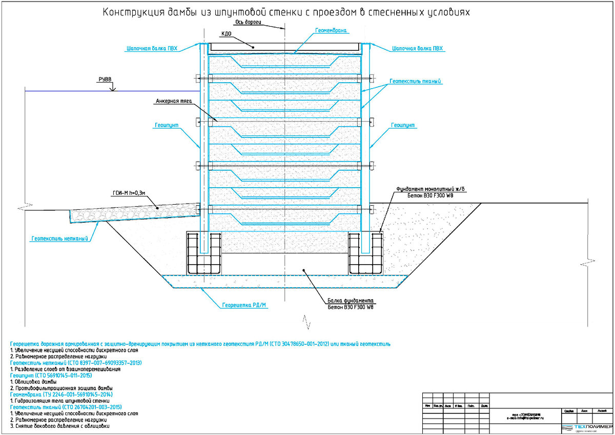 Конструкция дамбы из шпунтовой стенки с проездом  в стесненных условиях (рис. 1)