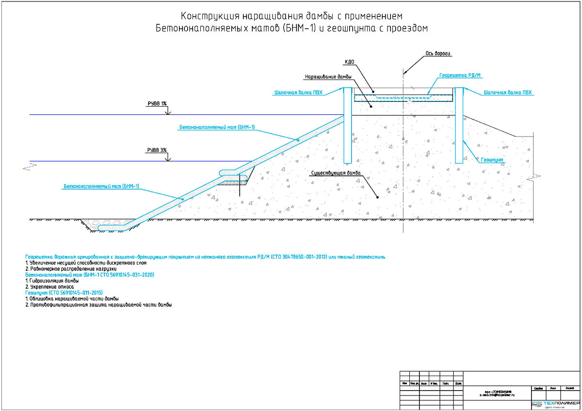 Конструкция наращивания дамбы с применением Бетононаполняемых матов (БНМ-1) и геошпунта с проездом (рис. 2)