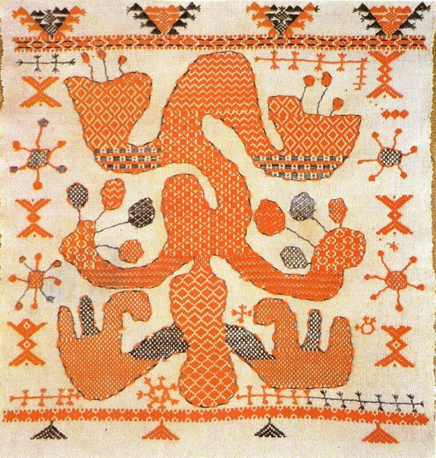 Такое обилие знаков встречается не на всех списовых полотенцах. Фото из книги Кара-Васильевой "Украинская вышивка". Фрагмент рушника XIX в., Полтавская губерния. Специалистами по традиционной вышивке это полотенце атрибутировано как орловский спис. Возможно, это полотенце было привезено вместе с невестой.