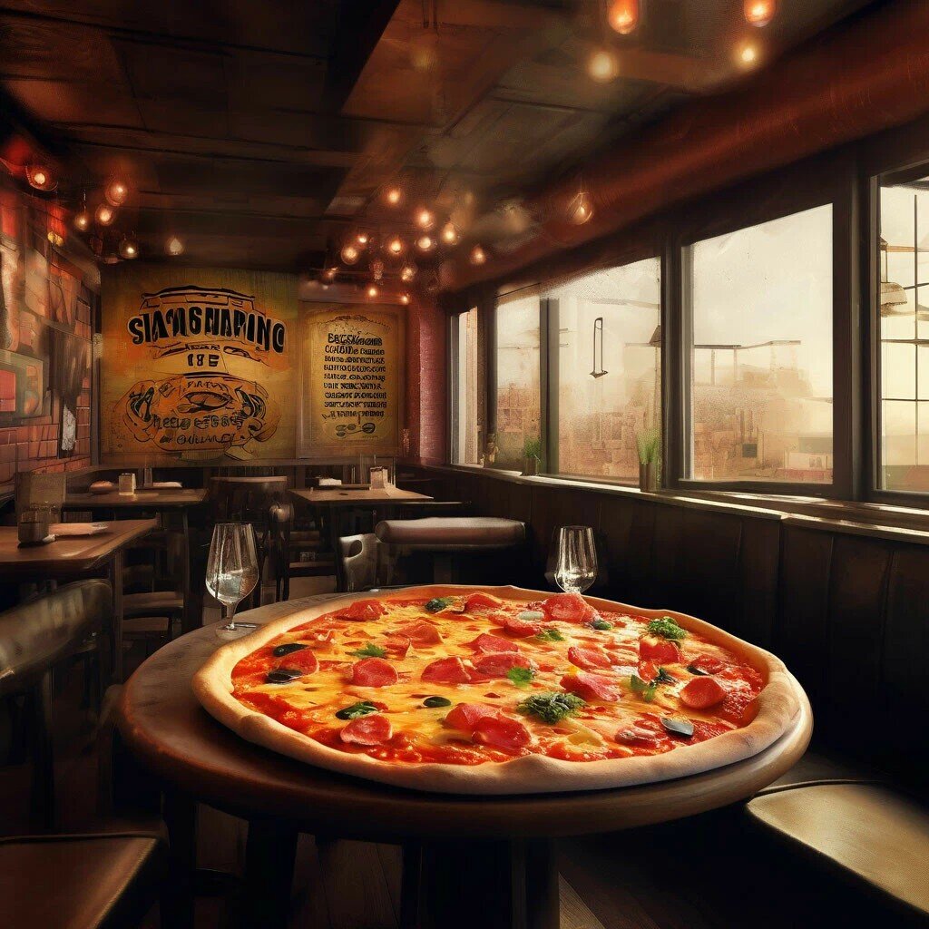 Для ресторана: изображение сочной и аппетитной пиццы на фоне теплой и уютной обстановки ресторана, с лозунгом "Погрузитесь в вкус!"