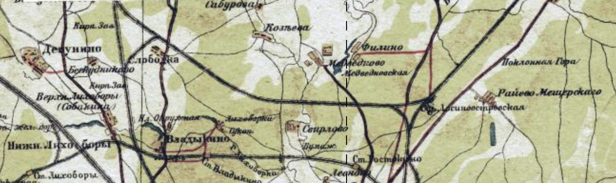 Бескудниковская соединительная ветка железной дороги (та, которая выше) на карте окрестностей Москвы 1900-х годов. С сайта www.retromap.ru.