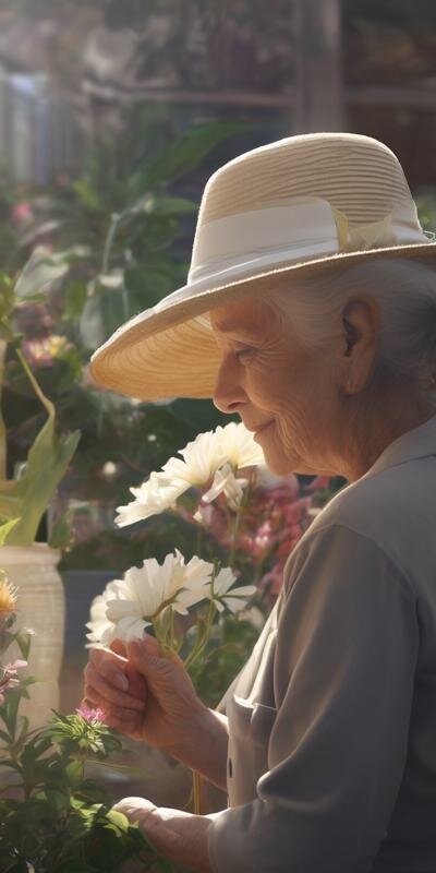 Пожилая женщина садит цветы