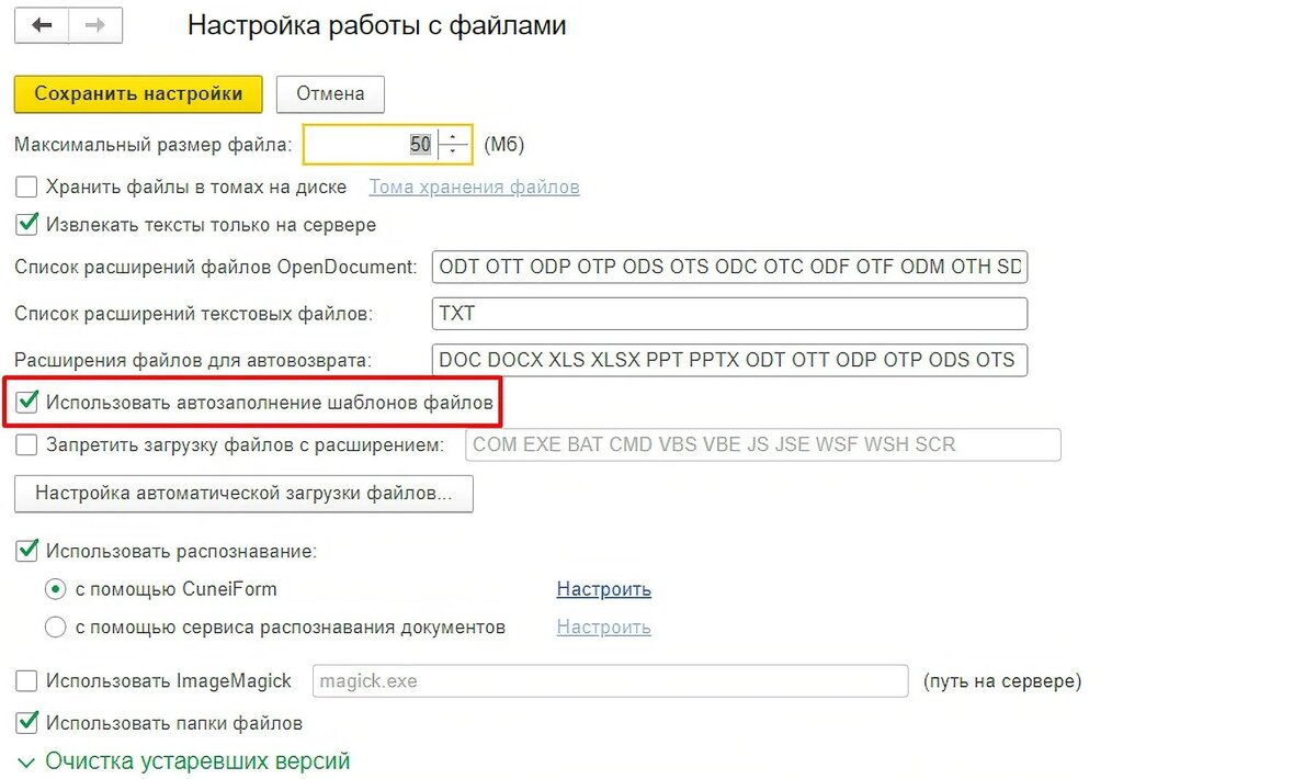 Изображение 1. Включение функционала автозаполнения шаблонов файлов