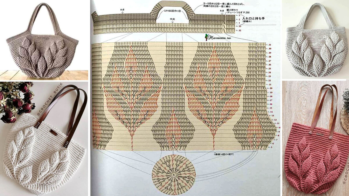 Схема для вязания крючком сумки-шоппера с узором "Ветки с листьями". Листайте карусель >