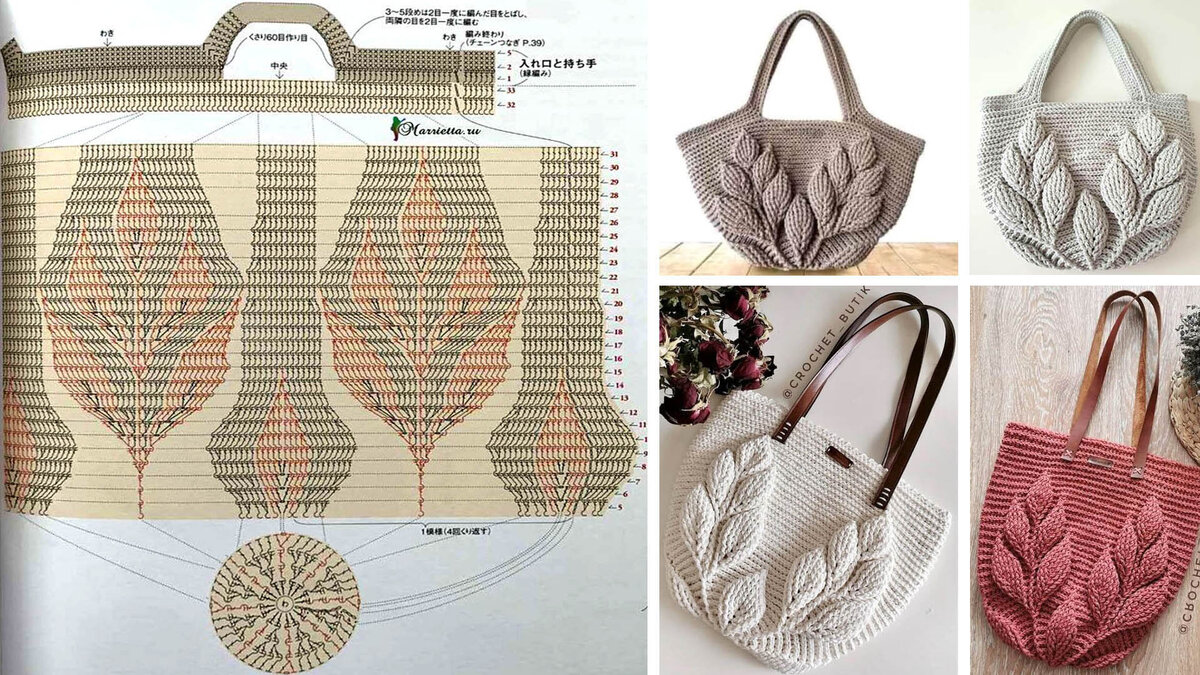 Схема вязания сумки-шоппера крючком с узором 'Ветки с листьями'.