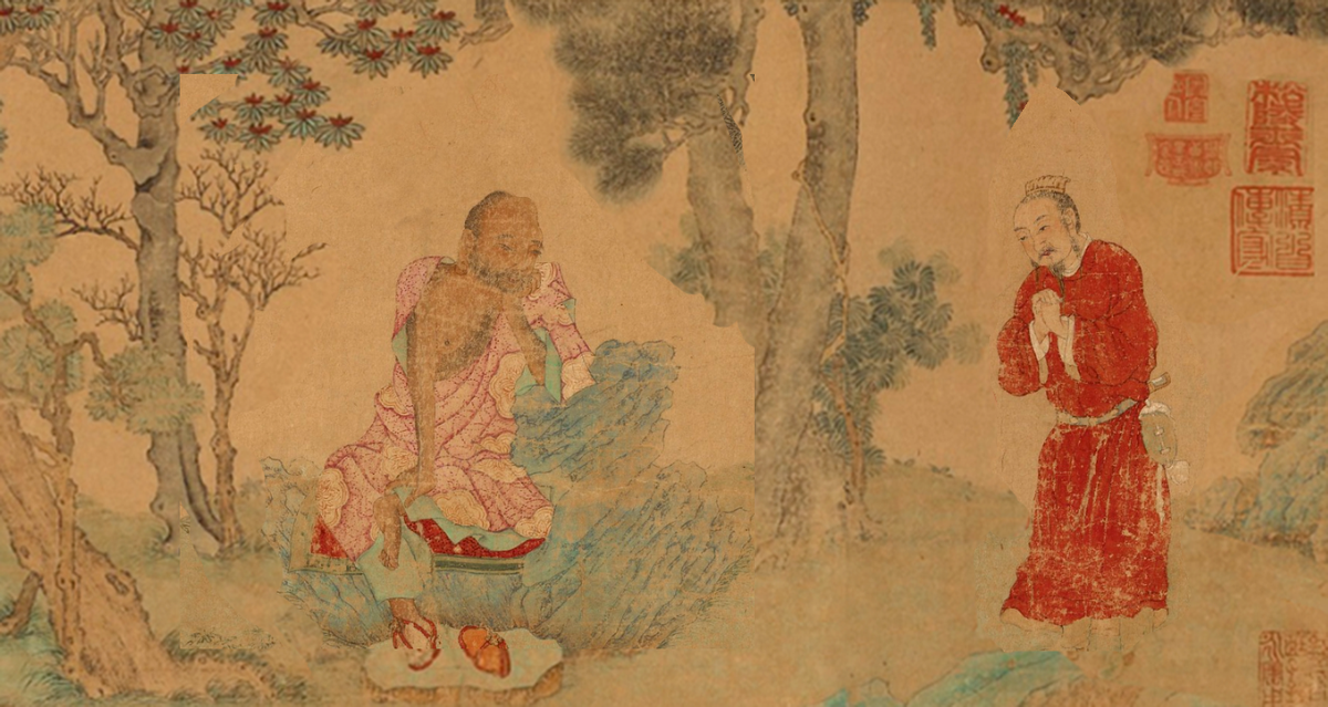 Император Ши Ле благоговеет перед монахом Фоту Ченгом. Шелкография в стиле династии Мин, но писанная много позже, потому лик императора предельно "китаизирован".