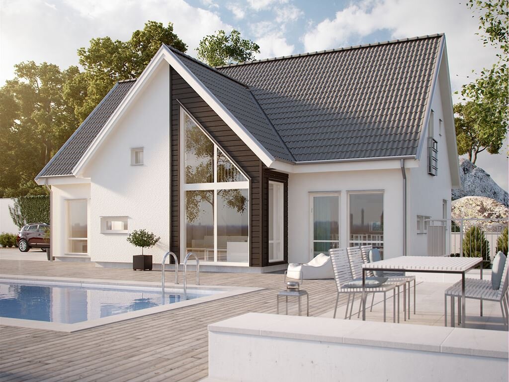 1,5–этажный дом с двускатной крышей, с жилой площадью 169,2 м2.
Общая площадь: 189 м²