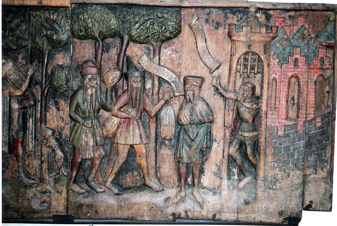 Охота и бортничество в (якобы) новгородских лесах. Резные панели скамьи церкви Святого Николая в Штральзунде, около 1360 года