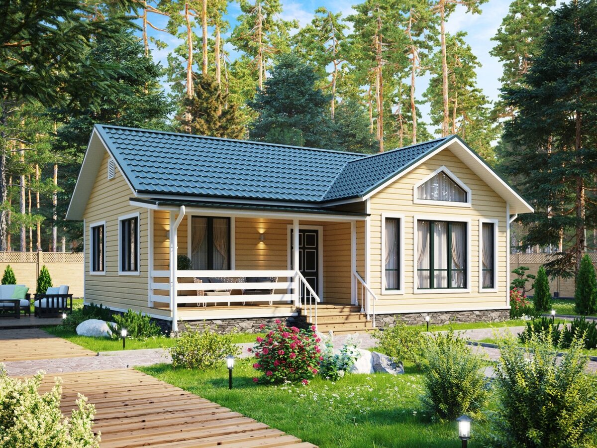 Уютный одноэтажный каркасный дом в популярной гамме расцветок от компании «Мастер»