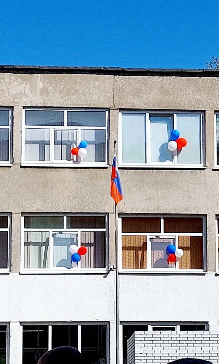 Окна нашей школы, украшенные российским триколором