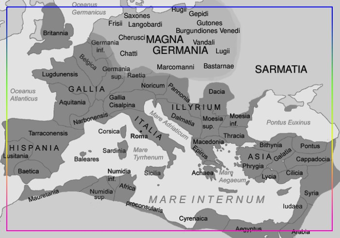 Римская империя в 116 году н.э. и Великая Германия с некоторыми германскими племенами, упомянутыми Тацитом в 98 году н.э. Источник: Jani Niemenmaa/ThomasPusch