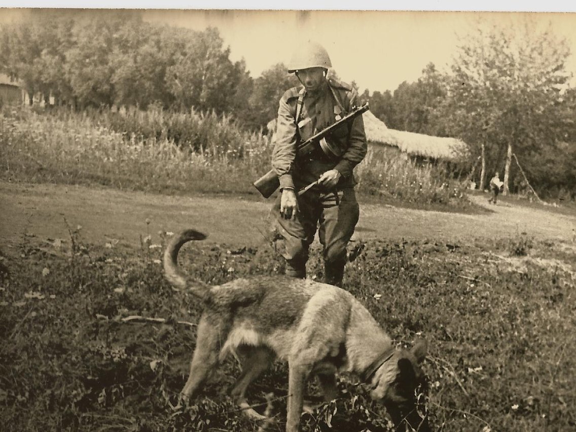 Советский сапёр с собакой минно-розыскной службы