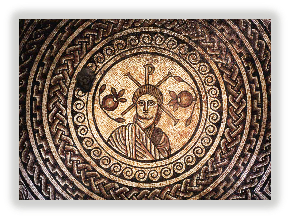 Иисус Христос в окружении плодов граната. Первая половина IV в. Мозаика Вилла в Хинтон-Сент-Мэри, графство Дорсет, Великобритания.
Британский музей, Лондон