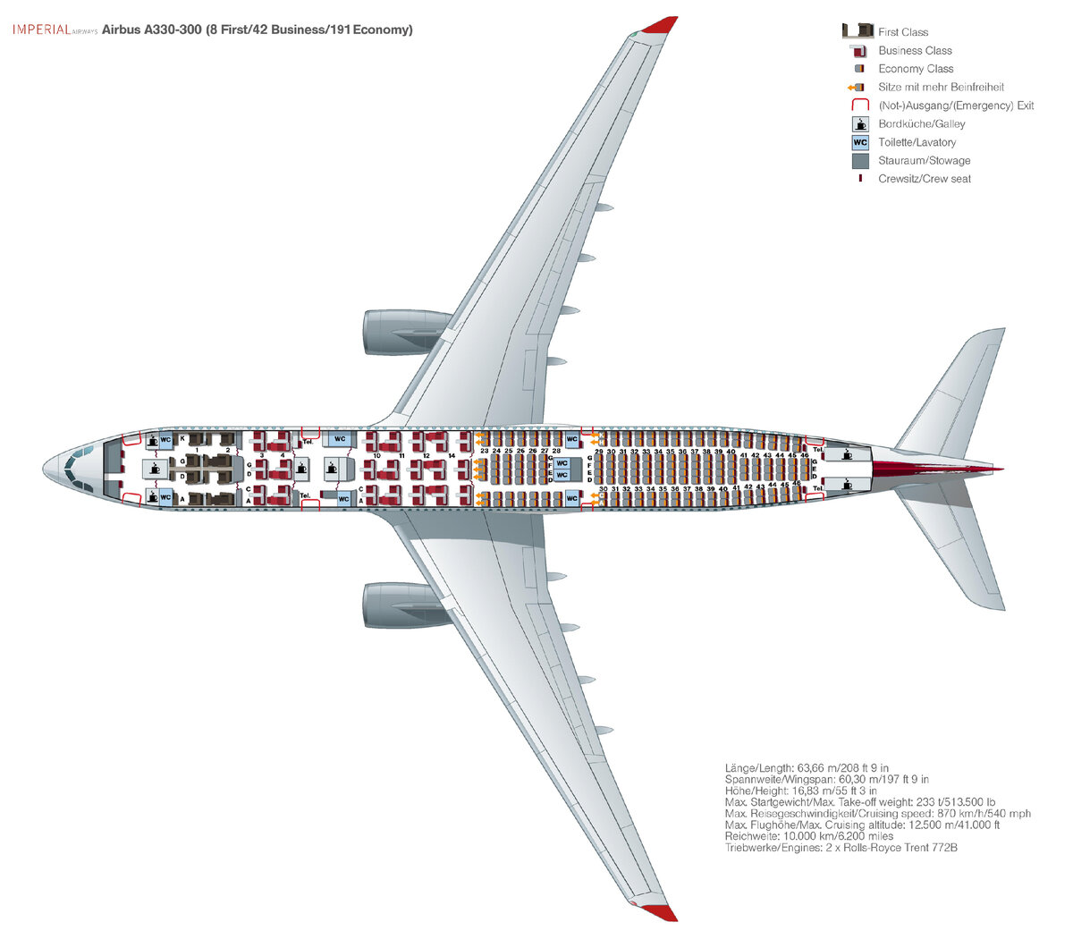 Лучшие места в самолете Airbus A330 200 авиакомпании I Fly: схема салона