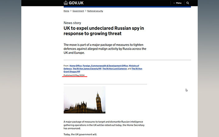 ВЕЛИКОБРИТАНИЯ ВЫШЛЕТ ИЗ СТРАНЫ РОССИЙСКОГО ВОЕННОГО АТТАШЕ МАКСИМА ЕЛОВИКА И ЛИШИТ ДИПЛОМАТИЧЕСКОГО СТАТУСА НЕКОТОРЫЕ ОБЪЕКТЫ НЕДВИЖИМОСТИ РОССИИ В СТРАНЕ, СООБЩАЕТСЯ НА САЙТЕ БРИТАНСКОГО ПРАВИТЕЛЬСТВА. СКРИНШОТ GOV.UK