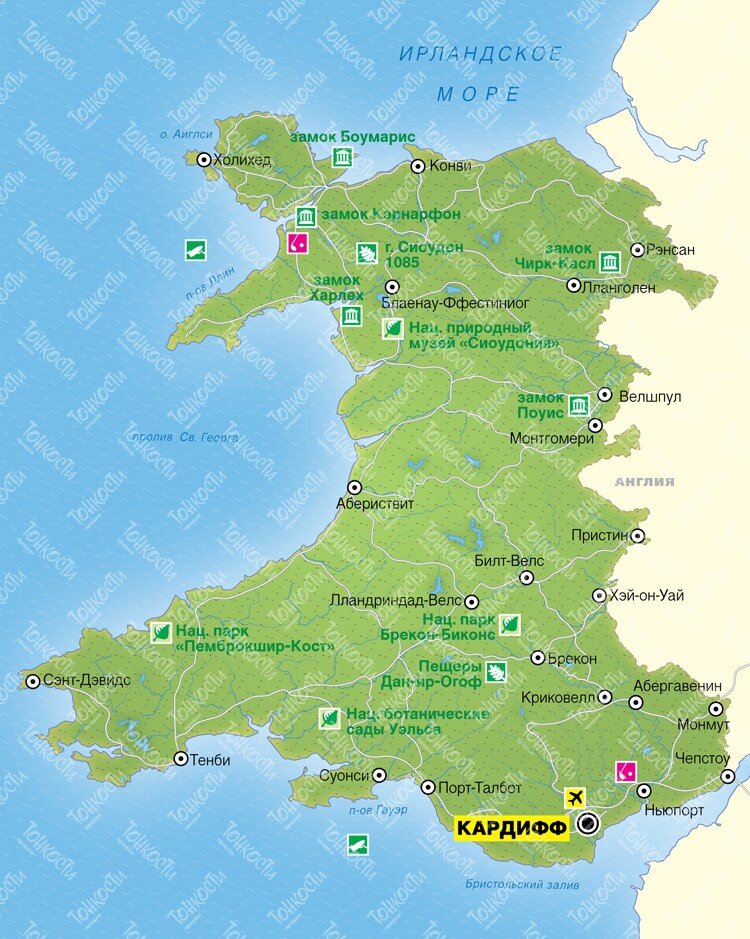 Карта Уэльса, здесь указаны основные города.