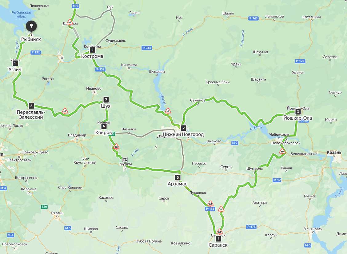 Маршрут с ночевками будет таким: Тихвин - Кострома - Нижний - Йошкар-Ола - Саранск - Арзамас - Шуя - Переславль-Залесский - Рыбинск..