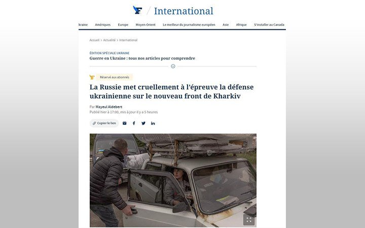 РОССИЯ ИСПЫТЫВАЕТ НА ПРОЧНОСТЬ ОБОРОНУ УКРАИНЫ. СКРИН С САЙТА LE FIGARO