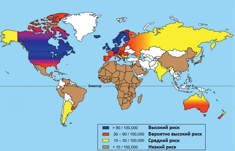 Географическое распространение рассеянного склероза / (c) biomolecula https://biomolecula.ru/articles/rasseiannyi-skleroz-immunnaia-sistema-protiv-mozga