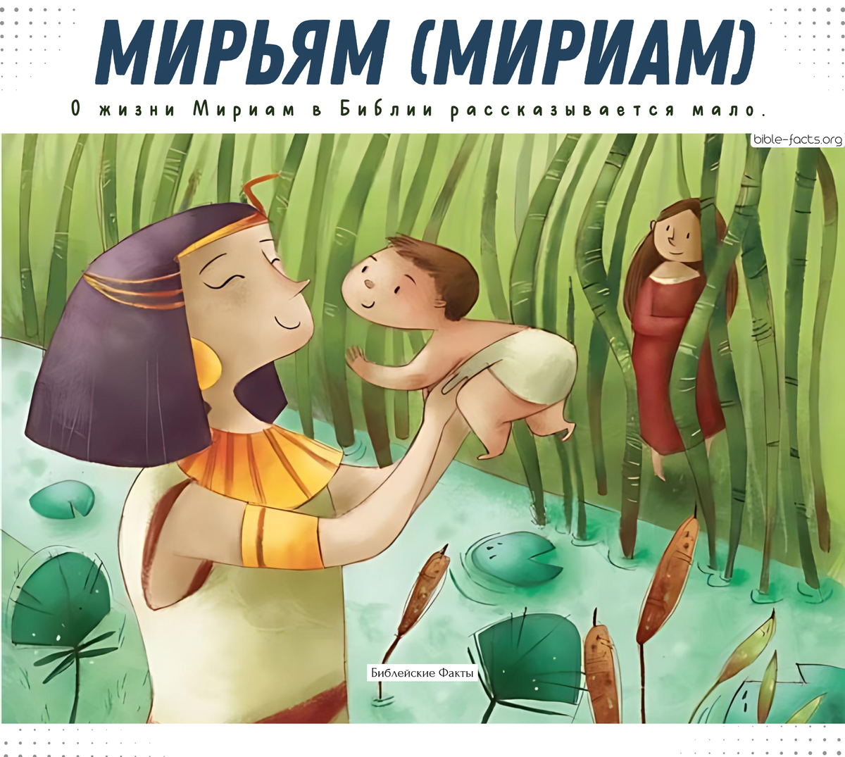 Интересный факт:

Впервые Мириам упоминается в рассказе о раннем детстве Моисея, когда она наблюдала за опущенным в Нил в корзине малюткой.