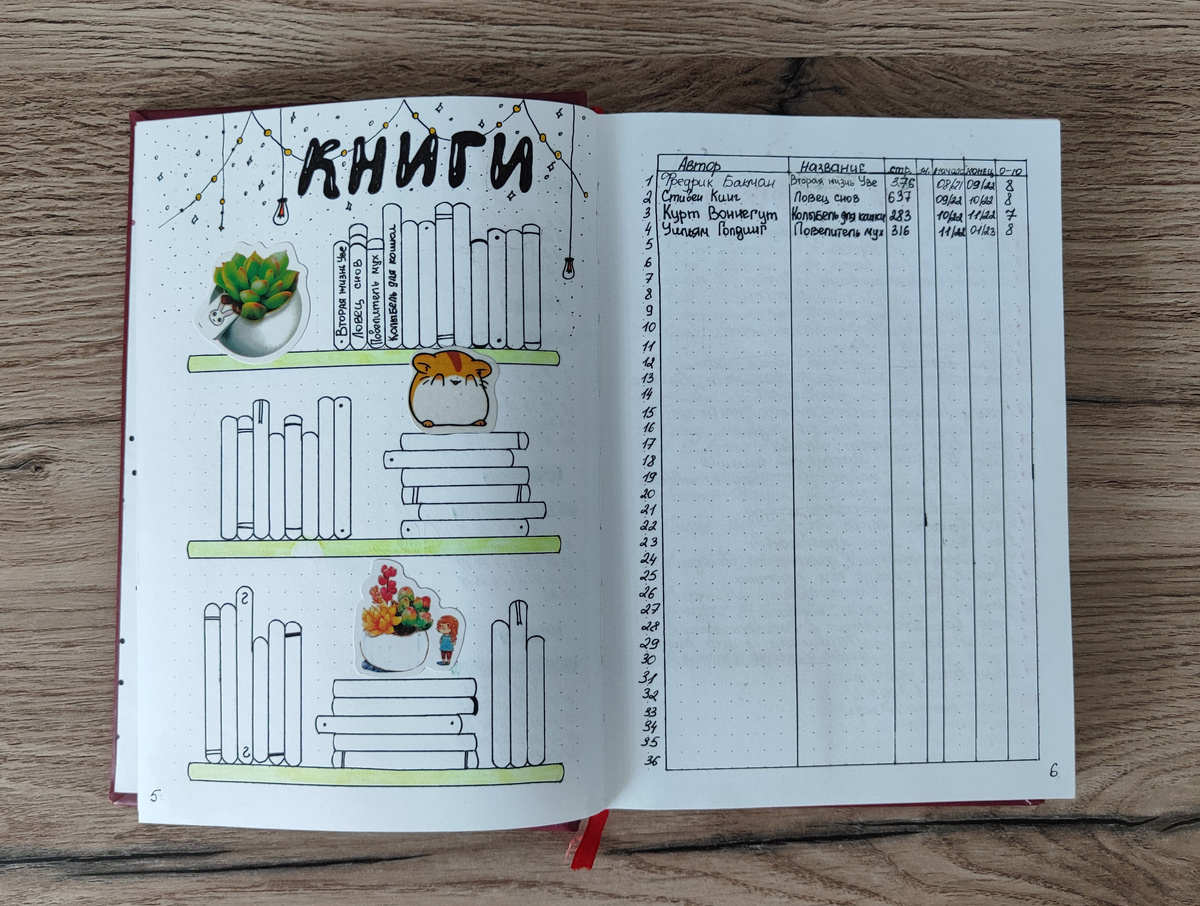 Книжная полка в первом моём ежедневнике BuJo