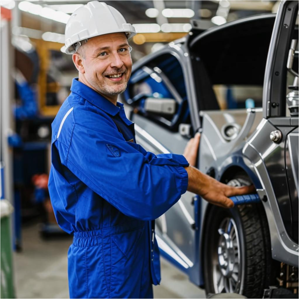 сборщик автомобилей на производственной линии