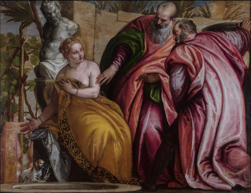 Паоло Веронезе "Суссана и старцы" (1580), еще одна версия. Собачка и скульптура в саду те же