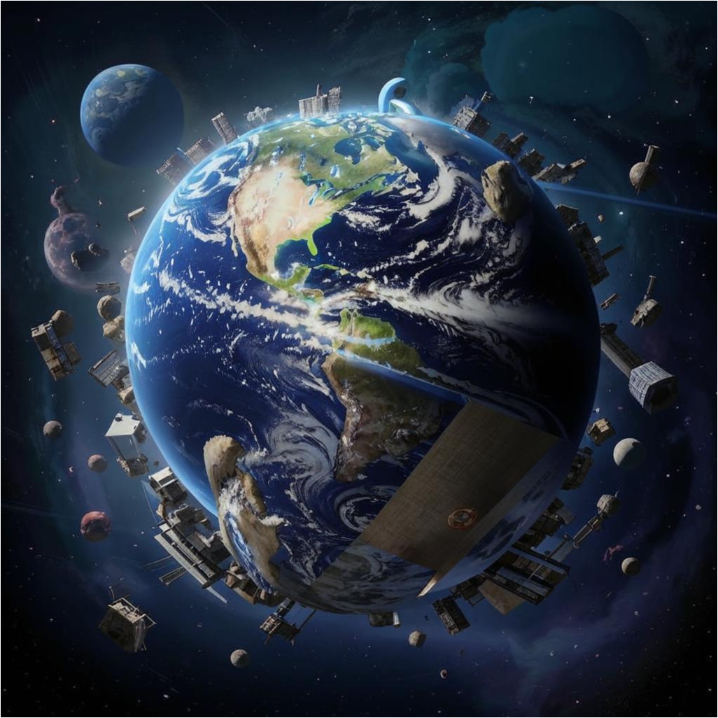 Многообразие влияния космического знания на жизнь на Земле. Большой земной шар, символизирующий нашу планету. Вокруг него орбитами движутся спутники и космические корабли, демонстрируя вклад космических технологий в повседневную жизнь.