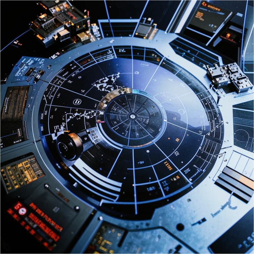 Космический корабль или спутник, окружённый крупными макрофотографиями передовых материалов и устройств. Вокруг  видны примеры практического применения этих технологий: солнечные панели, смартфоны, высокотехнологичные автомобили и многое другое.