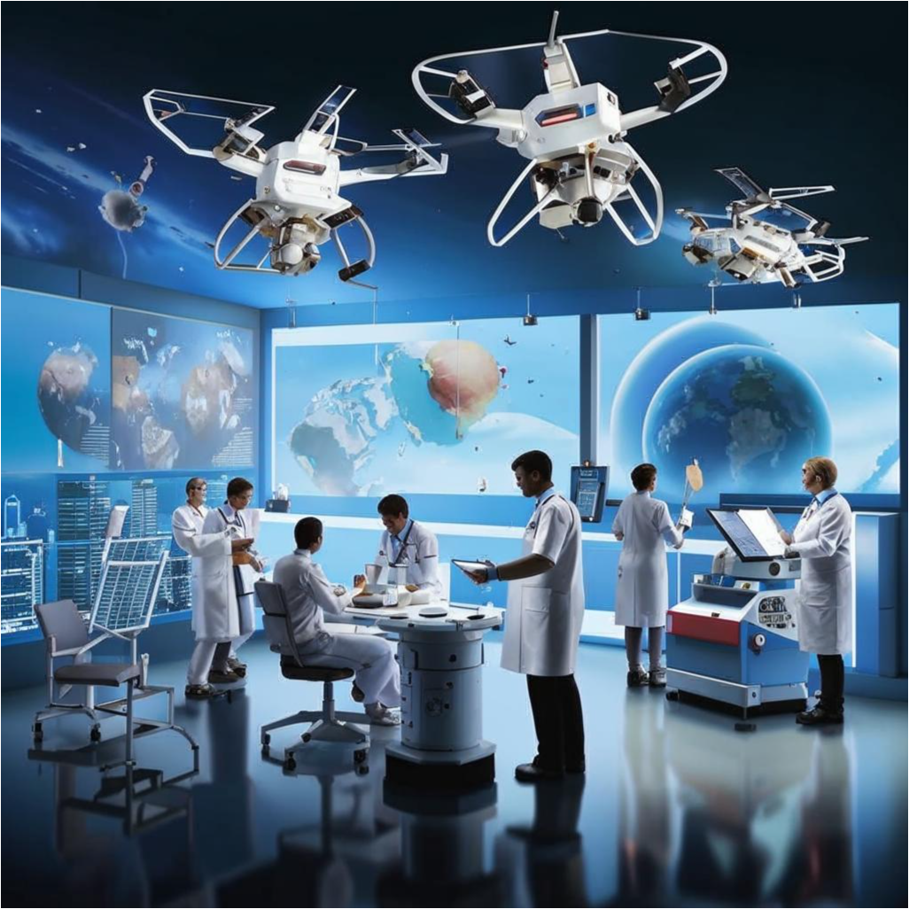  Врачи и медицинские специалисты, работающие с передовым медицинским оборудованием, разработанным благодаря космическим исследованиям. Они консультируются между собой над медицинскими изображениями и данными, используя высокотехнологичное оборудование, включая компьютерные томографы и медицинские дроны. 