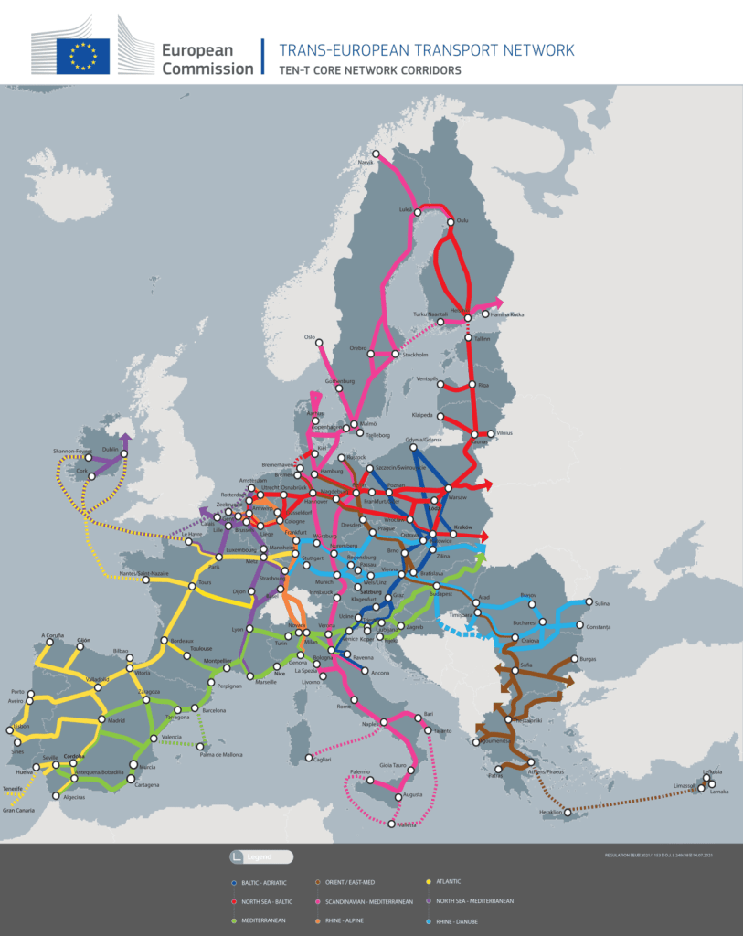   Карта основных магистралей Евросоюза, где в первую очередь будет реализовываться новые инфраструктурные требования