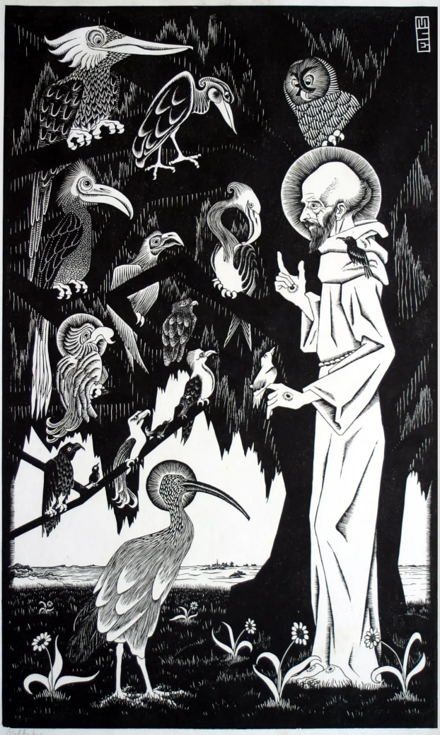 Святой Франциск проповедует птицам - Мауриц Корнелис Эшер • Гравюра, 1922