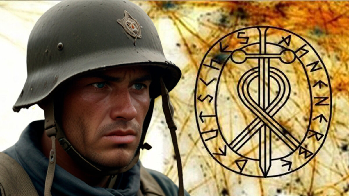 Коллаж. Немецкий солдат на фоне символики Аненербе. 