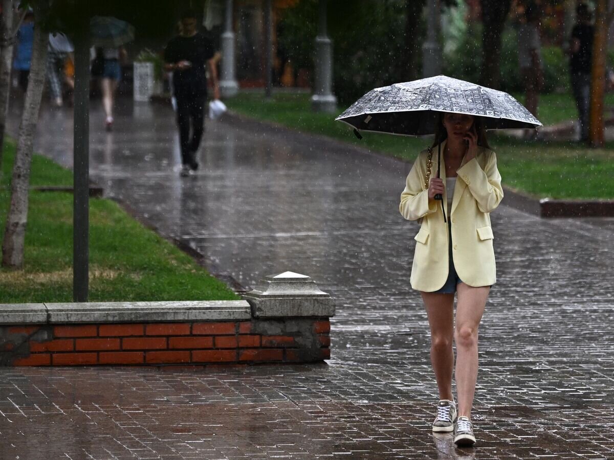    Девушка под зонтом на одной из улиц в Москве© РИА Новости / Павел Бедняков