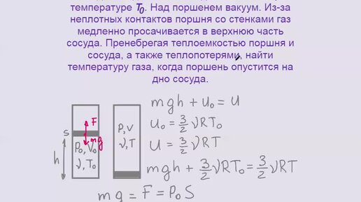 МКТ, Задача для подготовки к ЕГЭ и Олимпиадам, Термодинамика, Газ просачивается под поршнем