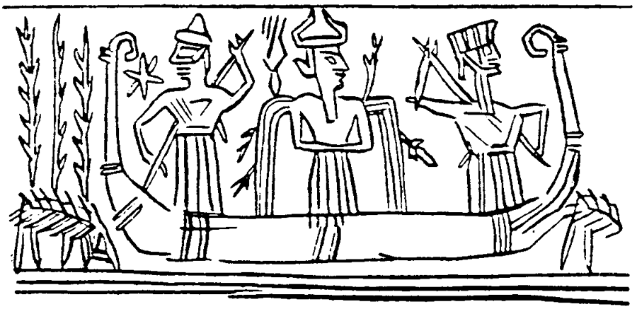 Древние рыбаки Вавилона в тростниковой лодке, обработанной смолой