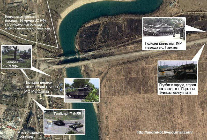 Схема боевых действий с применением Т-64БВ в боях за Бендеры.