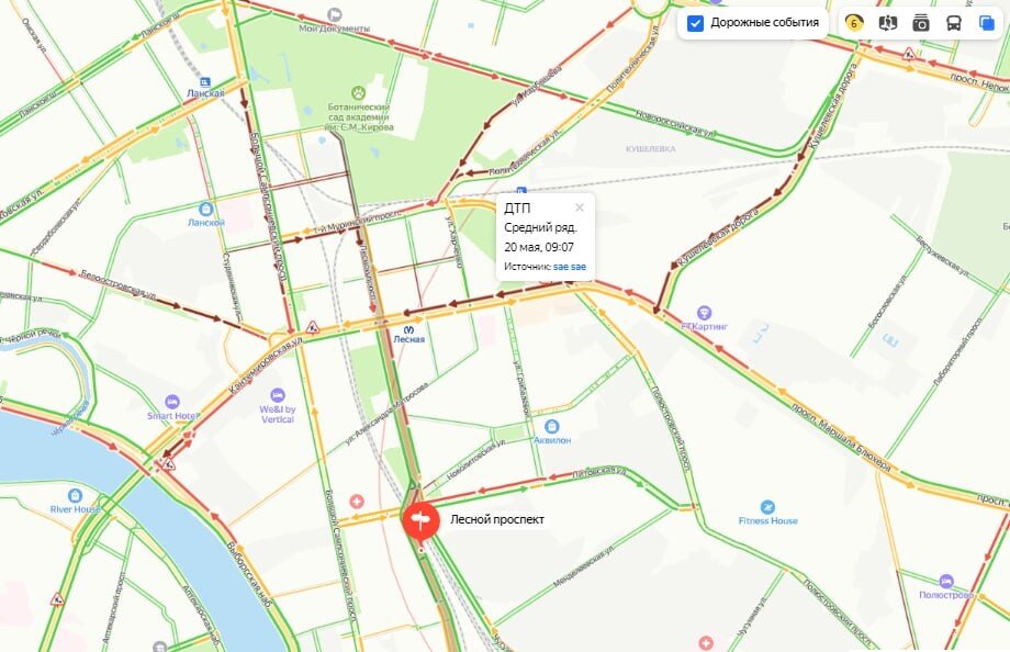   Обстановка на дорогах Петербурга после аварии в районе Лесного проспекта 19 мая 2024. Автор фото: "Яндекс.Пробки"
