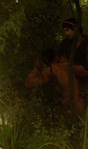 Двух непрошеных гостей не сразу заметишь в тени зарослей. Спутник-сатир заметно в ужасе от намерений спутника выйти к нимфам