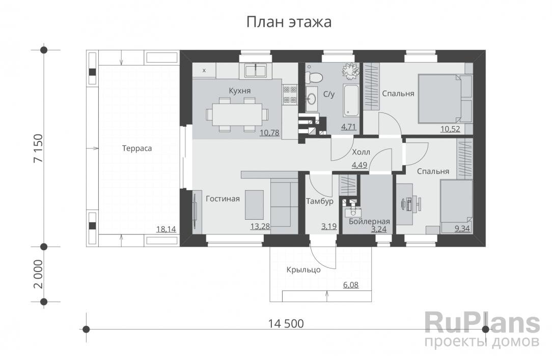 Тамбур - 3,19 м2 Бойлерная - 3,24 м2 С/у - 4,71 м2 Холл - 4,49 м2 Спальня - 10,52 м2 Спальня - 9,34 м2 Гостиная - 13,28 м2 Кухня - 10,78 м2