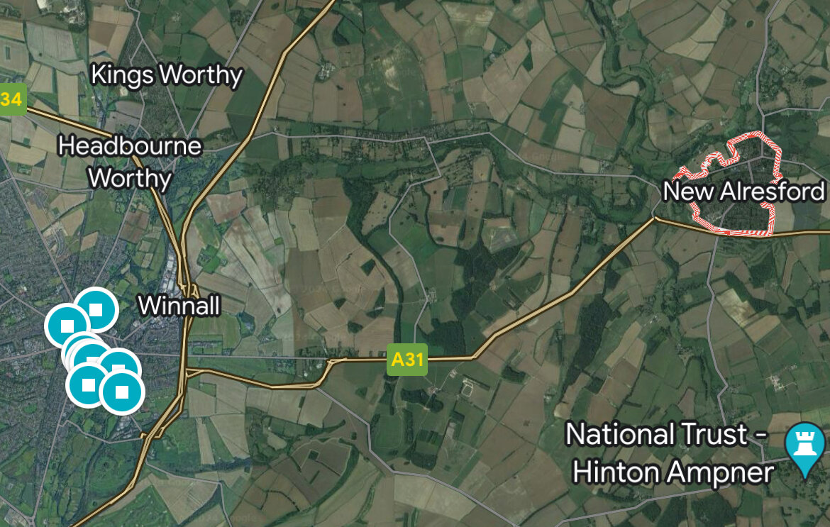 Голубые точки - это Винчестер, розовый ободок - Олсфорд. Скриншот из открытого источника. 