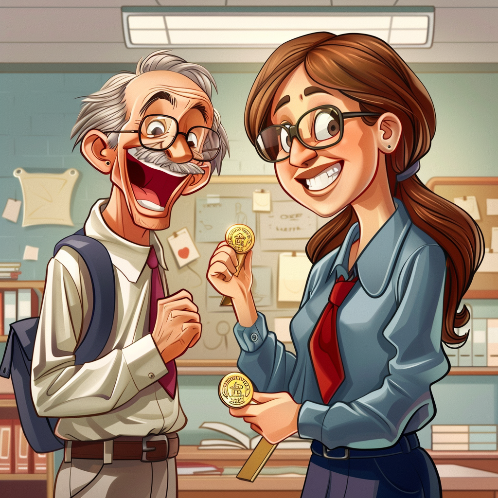 Вот так искусственный интеллект представляет получение золотой медали за успехи в учебе. Ну что, мне особенно понравилось, что девушке их выдали две сразу, а у учителя такое лицо, что понятно - он больше рад избавлению от этой ученицы, чем медали как таковой. 