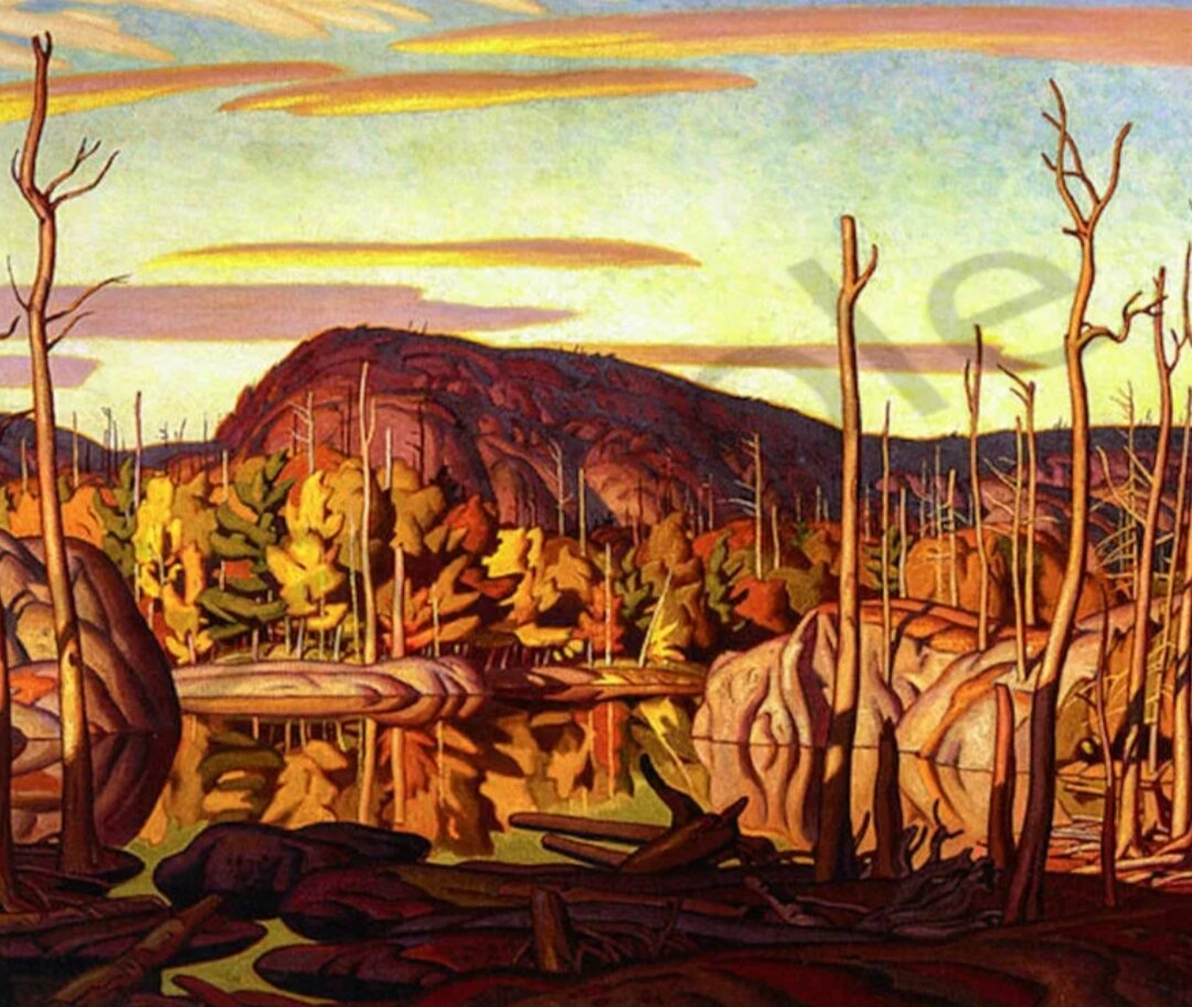 Закат и осенний лес. Художник Альфред Джозеф Кассон